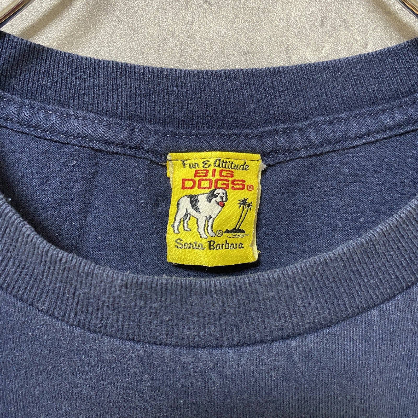 古着 used　BIG DOGS　JUST DO IT 半袖ワンポイントTシャツ　バックプリント　クルーネック　ネイビー　Lサイズ