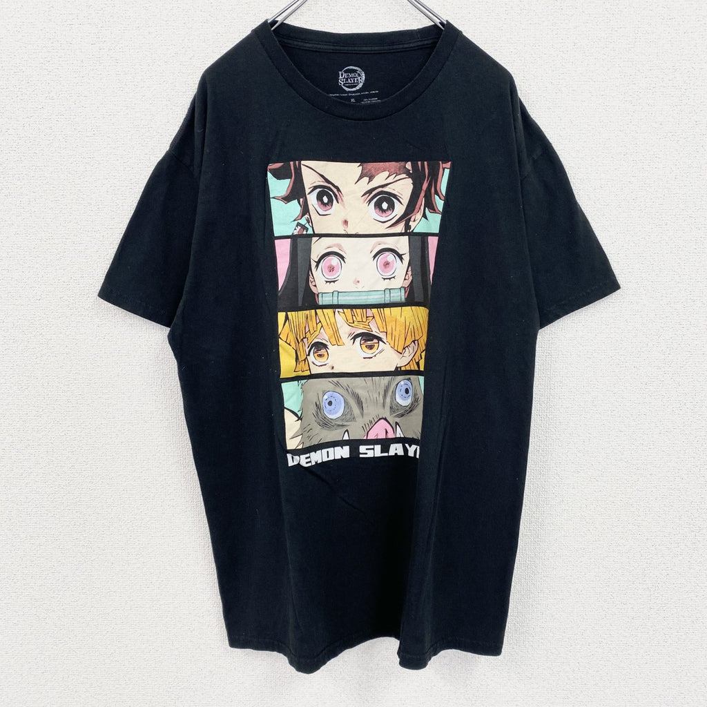 古着 used　鬼滅の刃　DEMON SLAYER　炭治郎　ねず子　半袖アニメプリントTシャツ　キャラデザイン　黒　XLサイズ