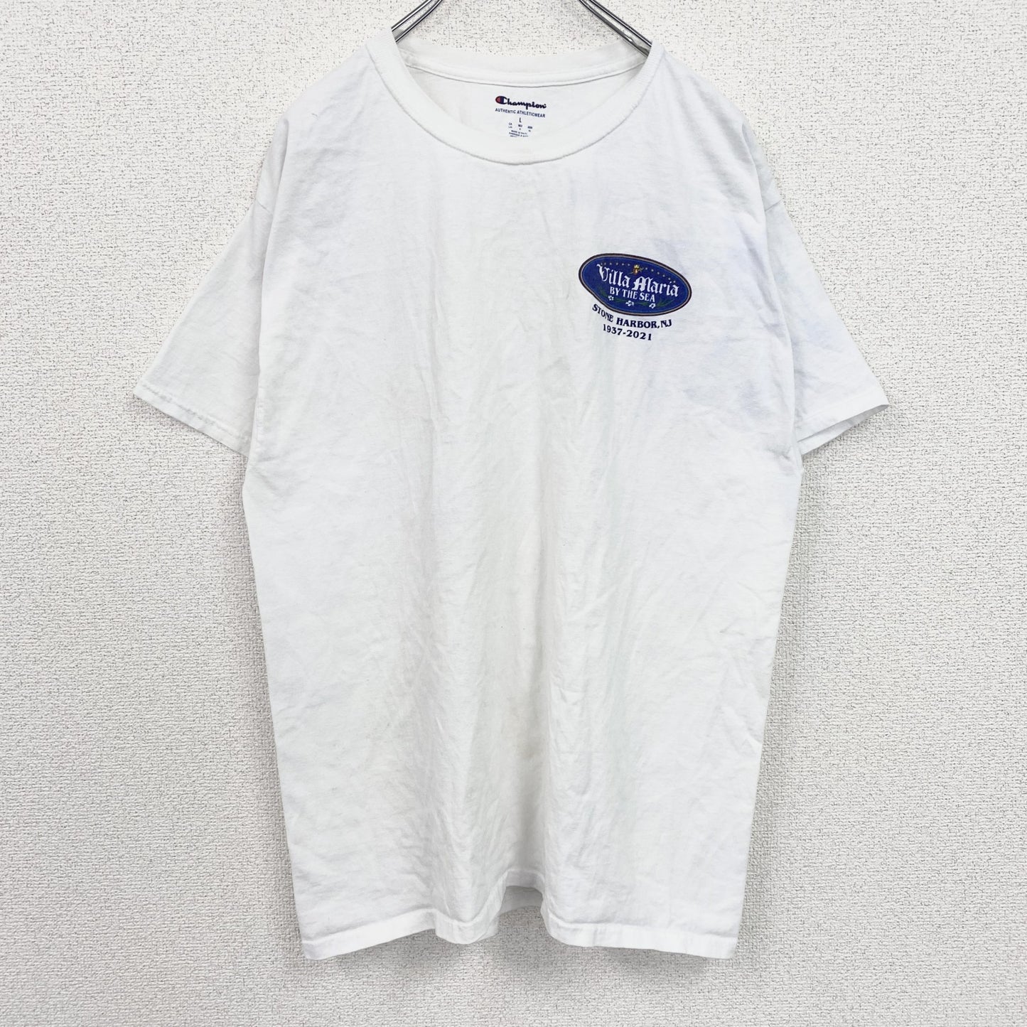 古着 used　champion　チャンピオン　半袖バックプリントTシャツ　ストーンハーバー　Villa Maria　白　Lサイズ