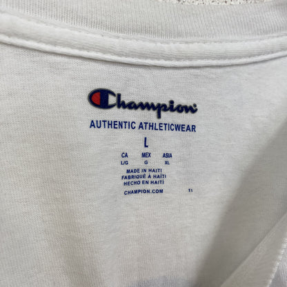 古着 used　champion　チャンピオン　半袖バックプリントTシャツ　ストーンハーバー　Villa Maria　白　Lサイズ