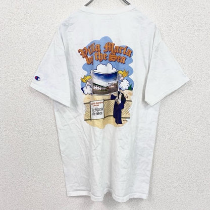 古着 used　champion　チャンピオン　半袖バックプリントTシャツ　ストーンハーバー　Villa Maria　白　Lサイズ