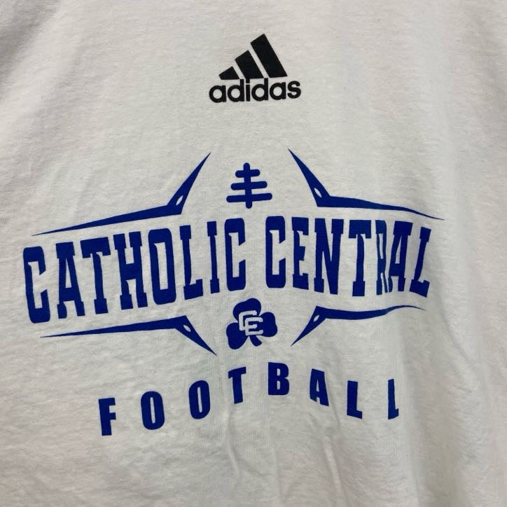 古着 used　Adidas　アディダス　半袖カレッジプリントTシャツ　クルーネック　カソリックセントラル　ホワイト　XLサイズ