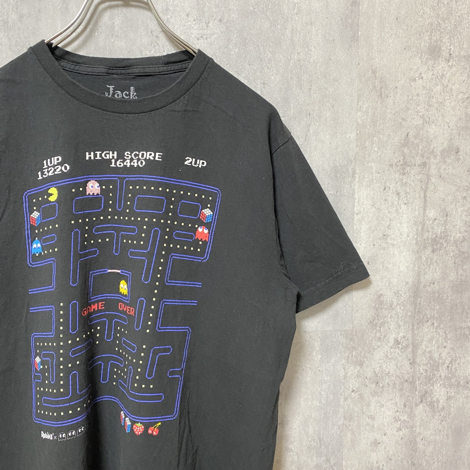 古着 used　Rubik’s × PACMAN　パックマン　半袖ゲームプリントTシャツ　黒　ブラック　レトロデザイン　Lサイズ