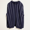 古着 used　D＆F　長袖クルーネックスウェット　トレーナー　ストライプ　ネイビー　紺　レトロデザイン　秋冬服　Lサイズ