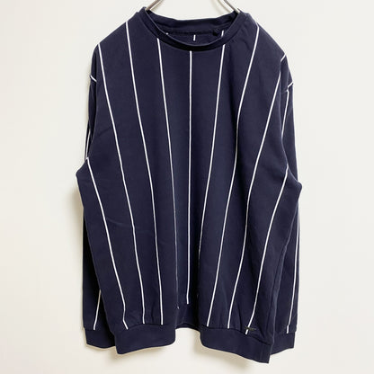 古着 used　D＆F　長袖クルーネックスウェット　トレーナー　ストライプ　ネイビー　紺　レトロデザイン　秋冬服　Lサイズ