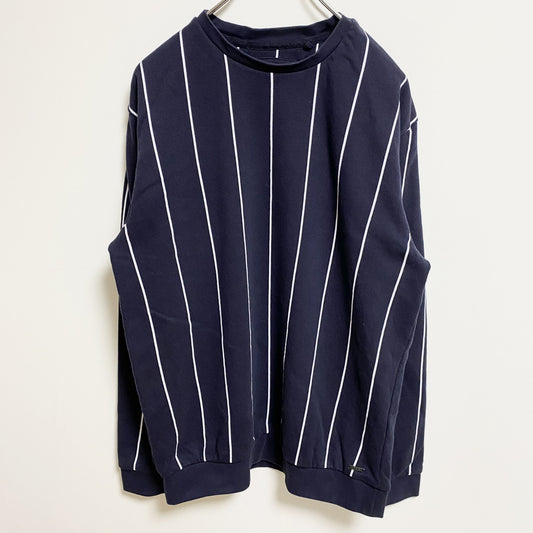 古着 used　D＆F　長袖クルーネックスウェット　トレーナー　ストライプ　ネイビー　紺　レトロデザイン　秋冬服　Lサイズ