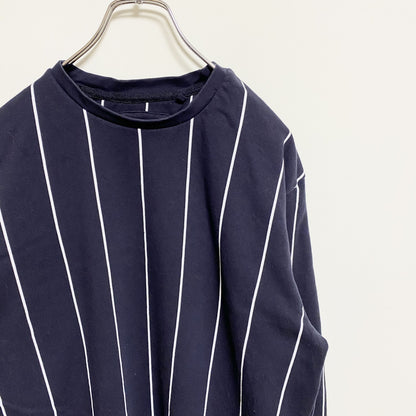 古着 used　D＆F　長袖クルーネックスウェット　トレーナー　ストライプ　ネイビー　紺　レトロデザイン　秋冬服　Lサイズ