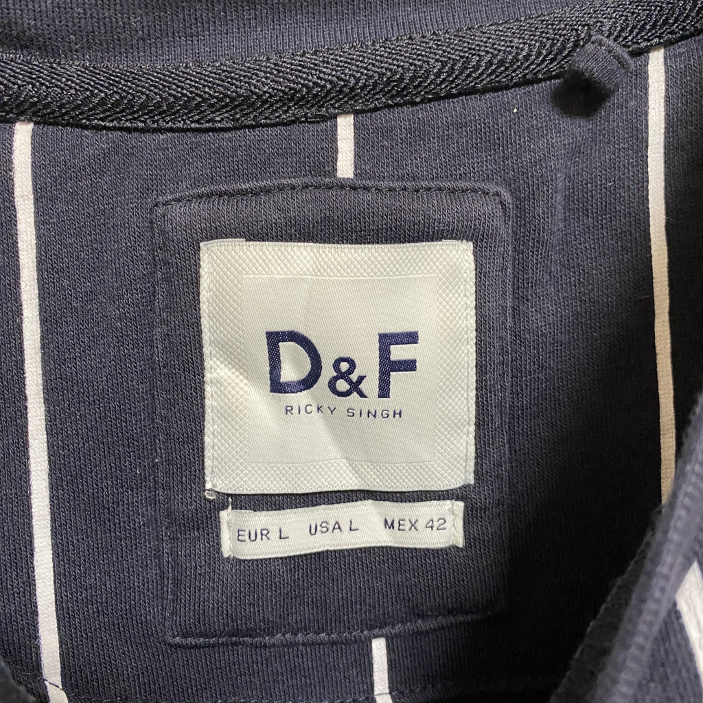 古着 used　D＆F　長袖クルーネックスウェット　トレーナー　ストライプ　ネイビー　紺　レトロデザイン　秋冬服　Lサイズ
