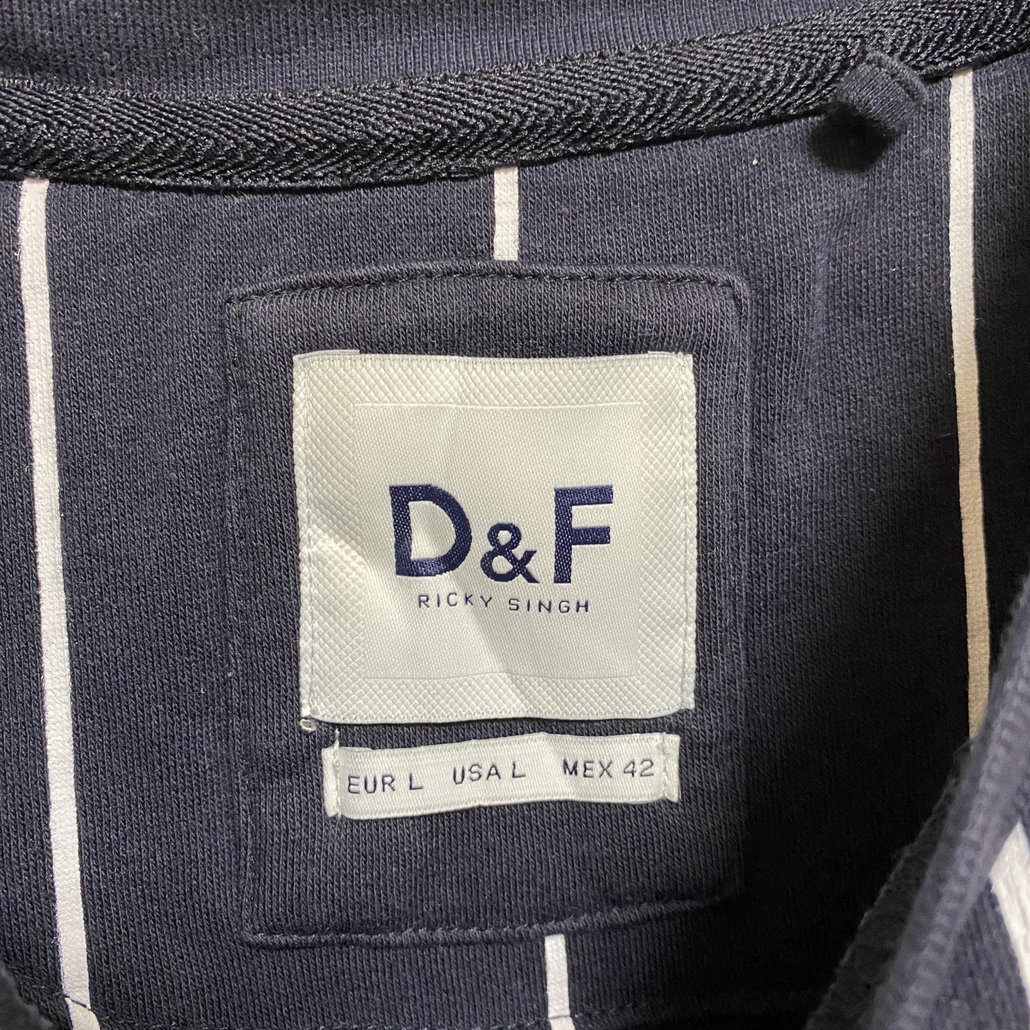 古着 used　D＆F　長袖クルーネックスウェット　トレーナー　ストライプ　ネイビー　紺　レトロデザイン　秋冬服　Lサイズ