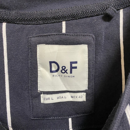 古着 used　D＆F　長袖クルーネックスウェット　トレーナー　ストライプ　ネイビー　紺　レトロデザイン　秋冬服　Lサイズ
