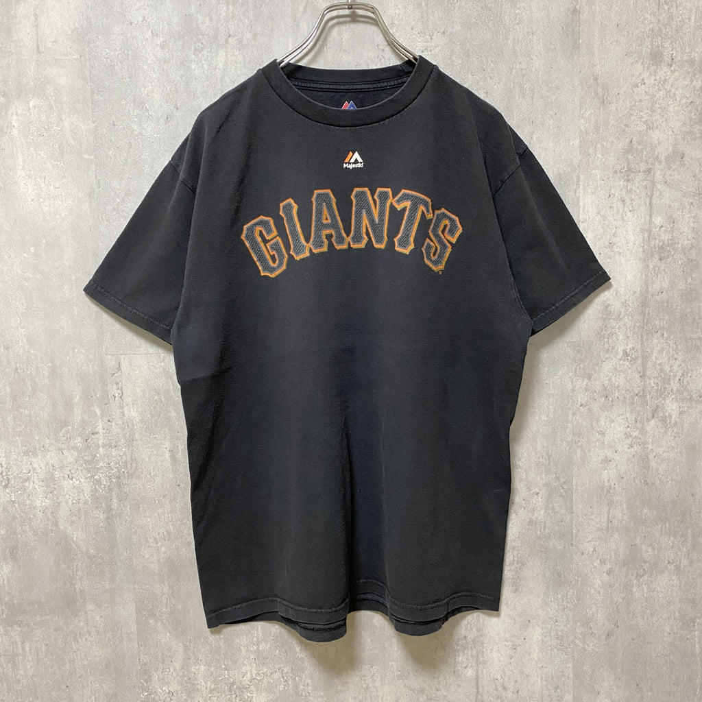 古着 used　MLB　GIANTS　ジャイアンツ　POSEY　半袖プリントTシャツ　黒　ブラック　オレンジ　Lサイズ