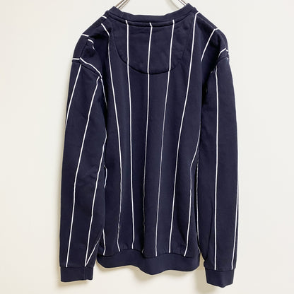 古着 used　D＆F　長袖クルーネックスウェット　トレーナー　ストライプ　ネイビー　紺　レトロデザイン　秋冬服　Lサイズ