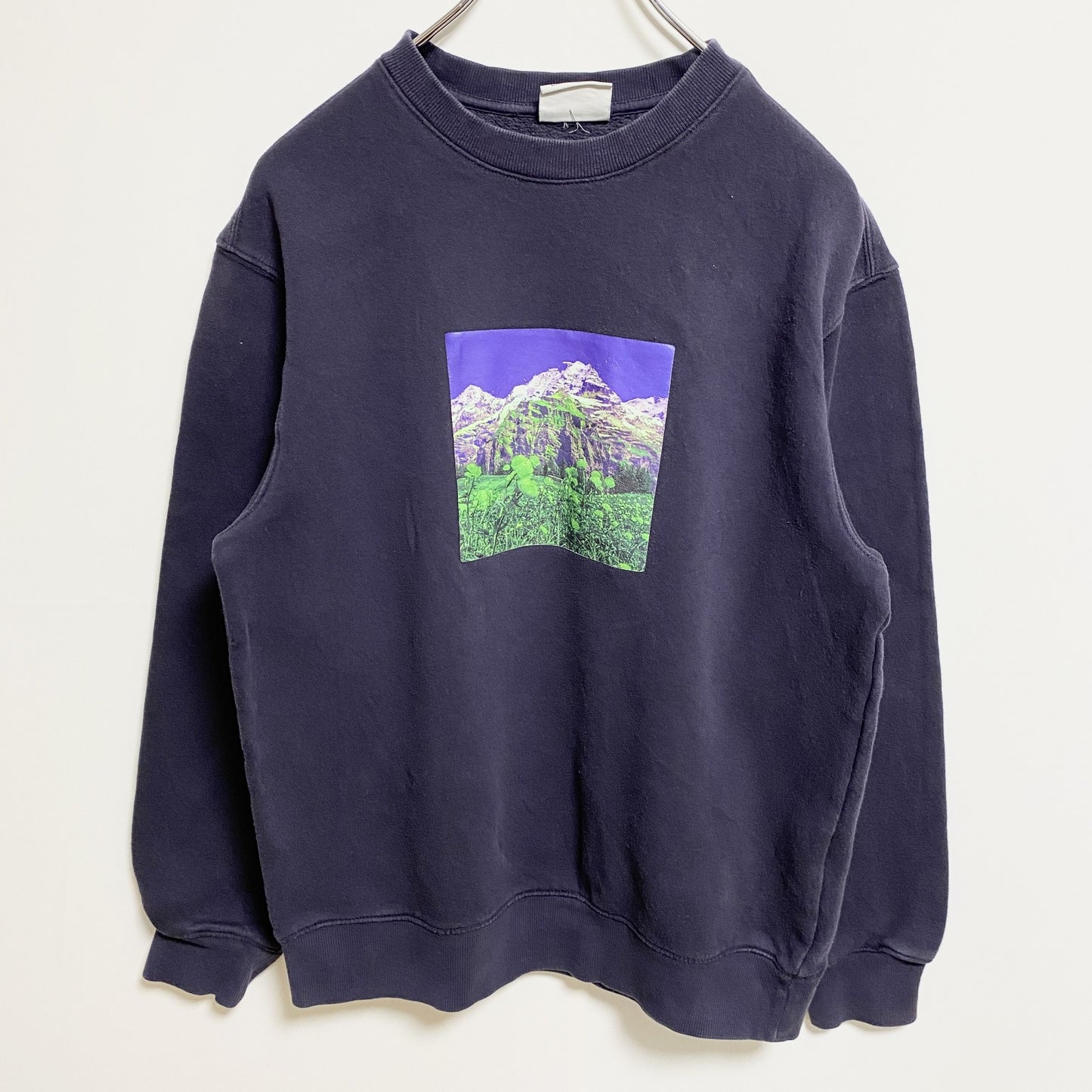 古着 used　H&M エイチアンドエム　長袖クルーネックスウェット　トレーナー　バックプリント　山　ネイビー　紺