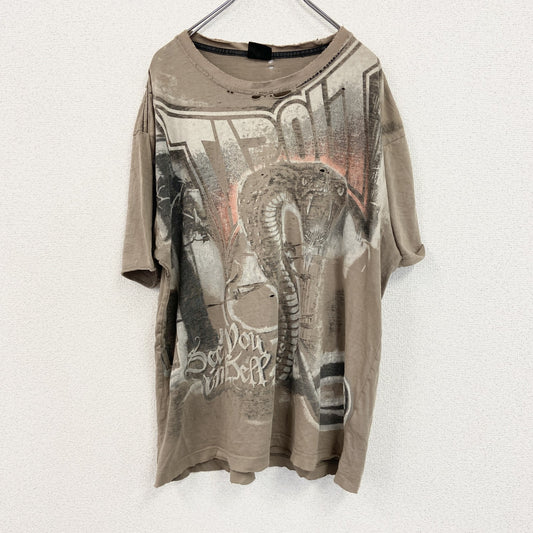 00s　TAPOUT　タップアウト　半袖プリントTシャツ　アニマルT　ダメージT　ヴィンテージ　茶色　ブラウン