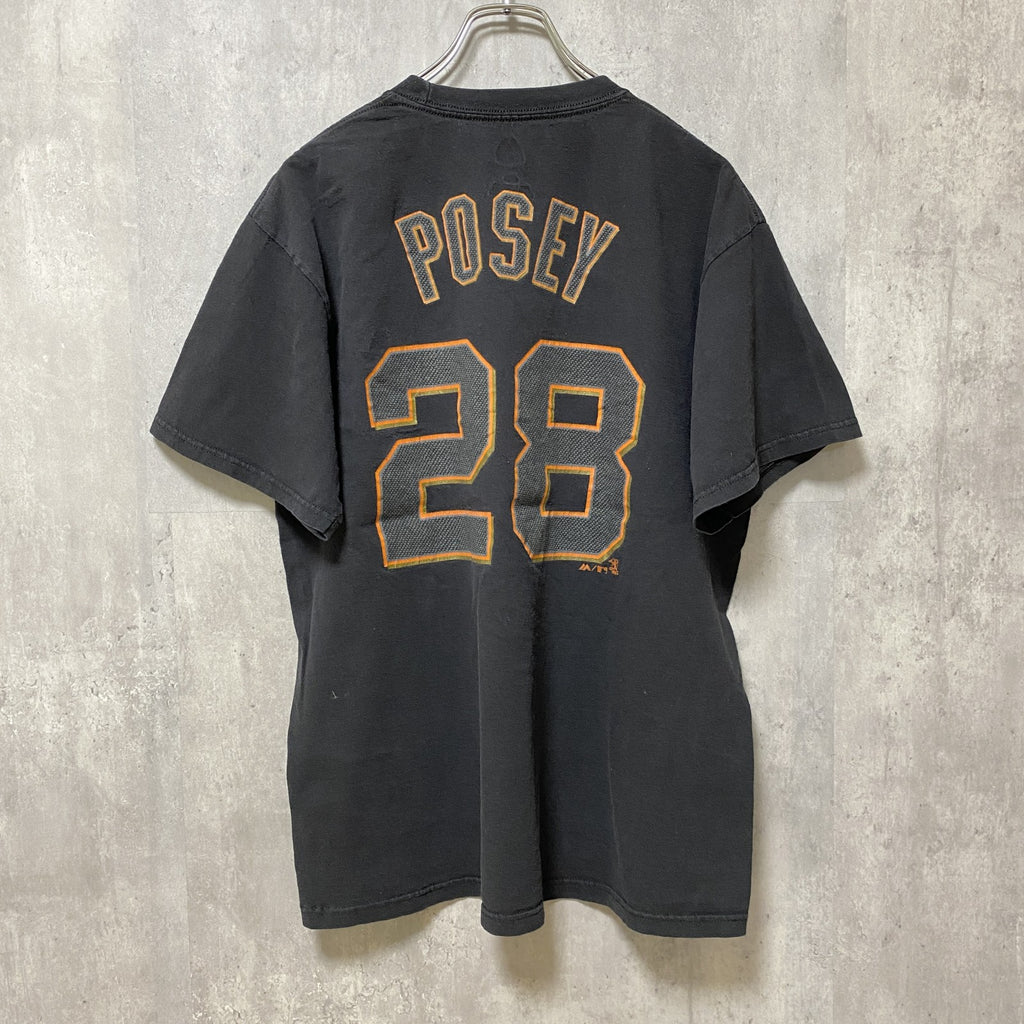 古着 used　MLB　GIANTS　ジャイアンツ　POSEY　半袖プリントTシャツ　黒　ブラック　オレンジ　Lサイズ