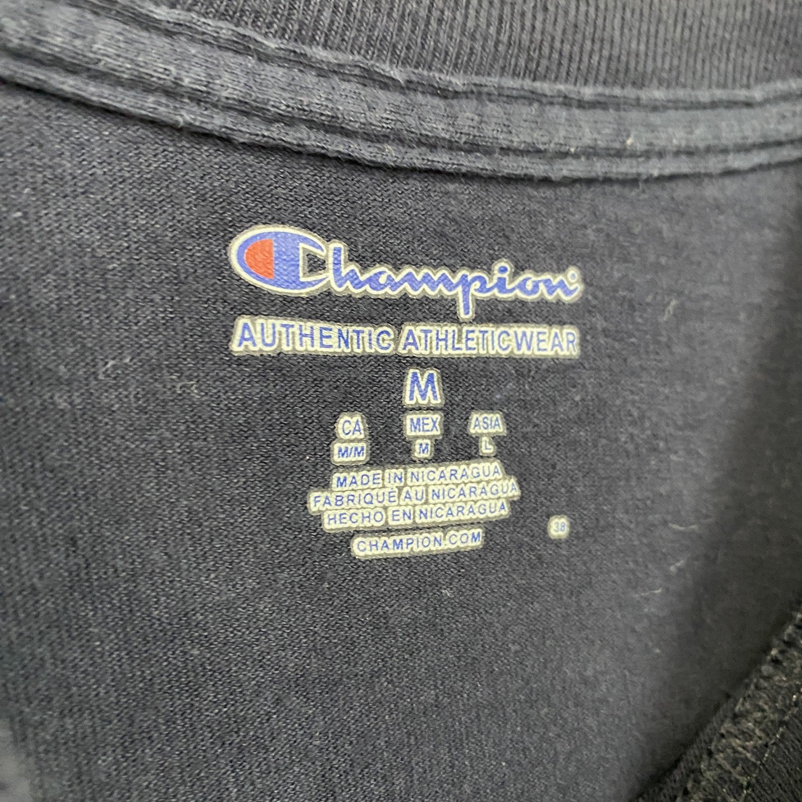 Champion　チャンピオン　半袖プリントＴシャツ　オールミスレベルズ　4連プリント　刺繍ロゴ　紺　ネイビー　Mサイズ