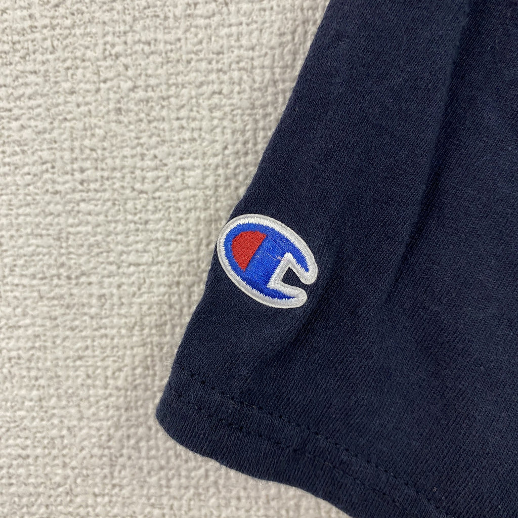 Champion　チャンピオン　半袖プリントＴシャツ　オールミスレベルズ　4連プリント　刺繍ロゴ　紺　ネイビー　Mサイズ
