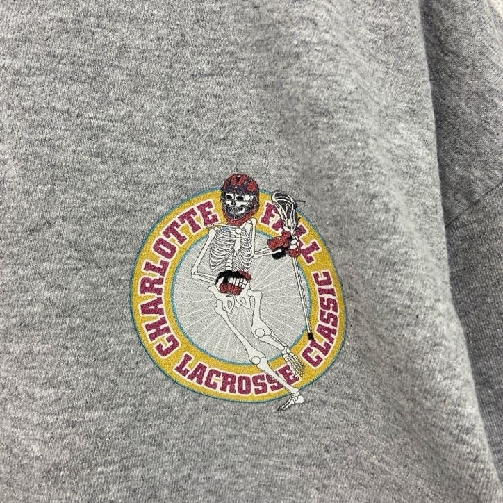古着 used　champion　チャンピオン　半袖プリントTシャツ　ラクロス　ドクロ　クルーネック　灰色　グレー　Lサイズ