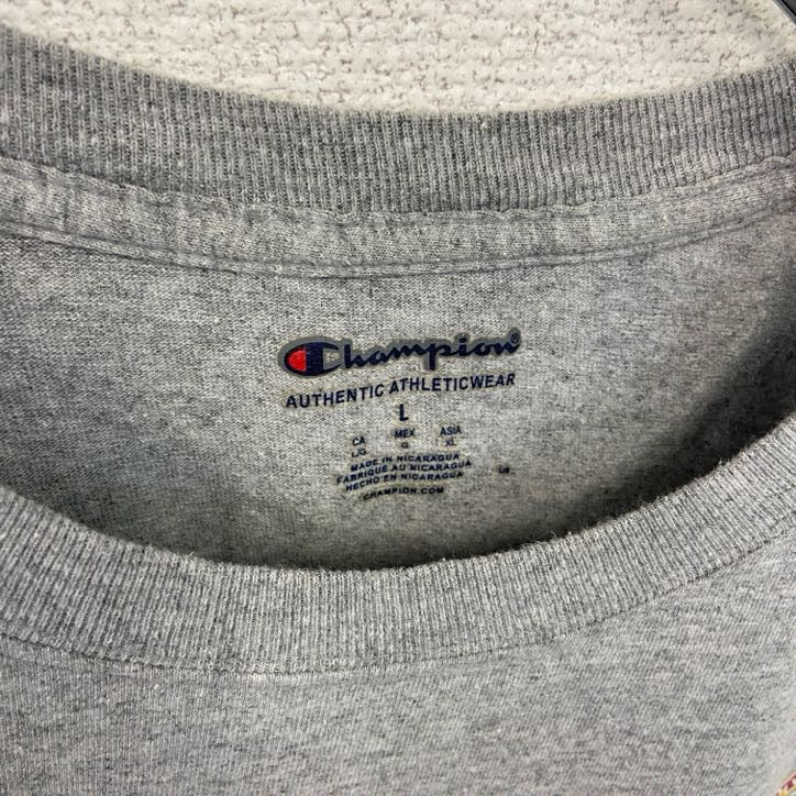 古着 used　champion　チャンピオン　半袖プリントTシャツ　ラクロス　ドクロ　クルーネック　灰色　グレー　Lサイズ