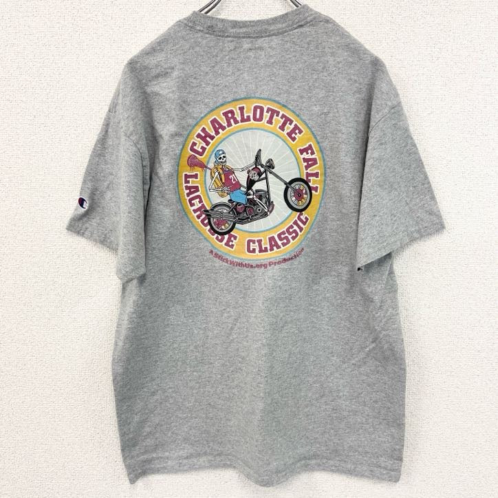 古着 used　champion　チャンピオン　半袖プリントTシャツ　ラクロス　ドクロ　クルーネック　灰色　グレー　Lサイズ
