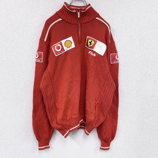 FILA　フィラ　ハーフジッププルオーバーニットセーター　Ferrari　フェラーリ　Vodafone　Shell　レーシング　レッド　Lサイズ