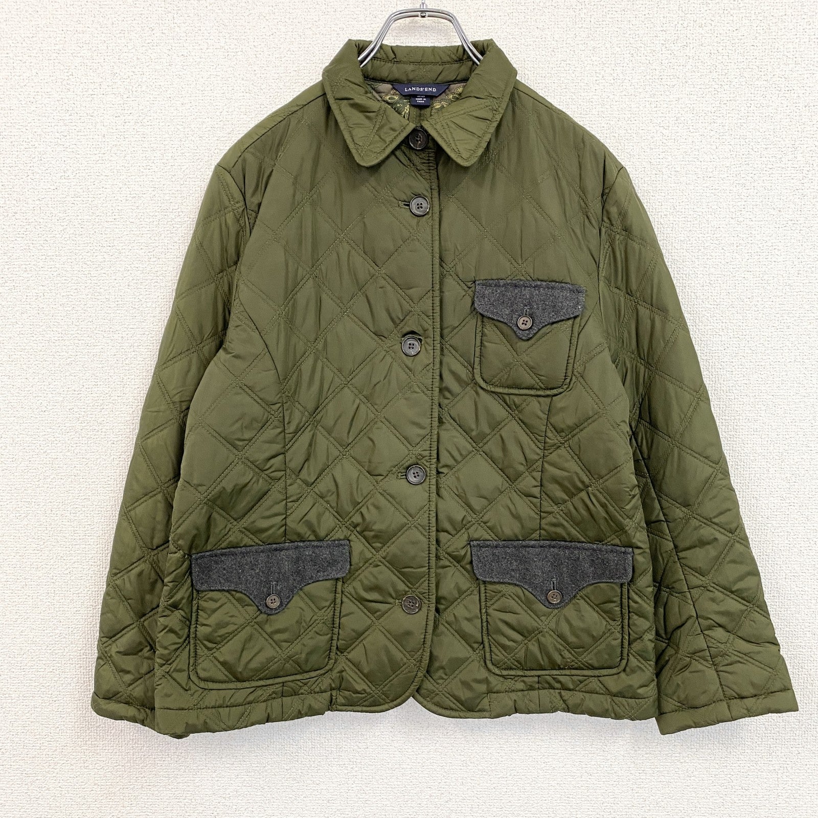 LANDS’END　ランズエンド　キルティングジャケット　中綿入り　3つポケット　カーキ