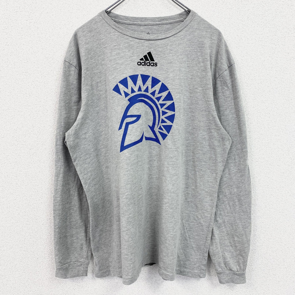 古着 used　adidas　アディダス　長袖プリントデザインＴシャツ　クルーネックロンT　グレー　XLサイズ