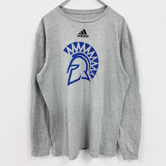 古着 used　adidas　アディダス　長袖プリントデザインＴシャツ　クルーネックロンT　グレー　XLサイズ