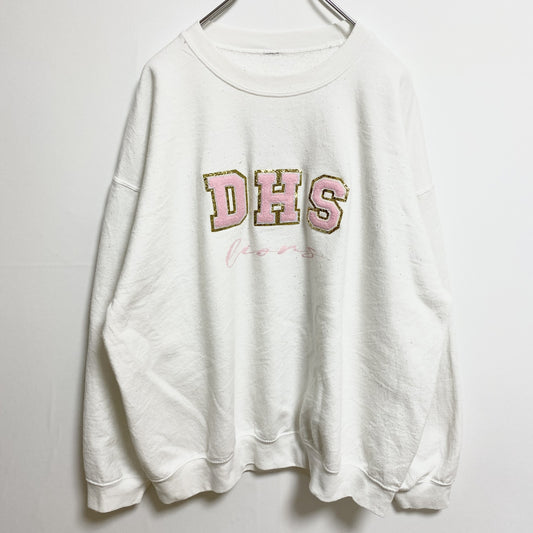 古着 used　DHS　長袖ワッペンスウェット　トレーナー　白　ホワイト　クルーネック　レトロデザイン　秋冬服　ビッグシルエット