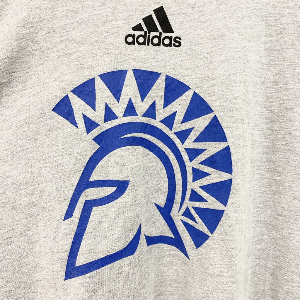 古着 used　adidas　アディダス　長袖プリントデザインＴシャツ　クルーネックロンT　グレー　XLサイズ
