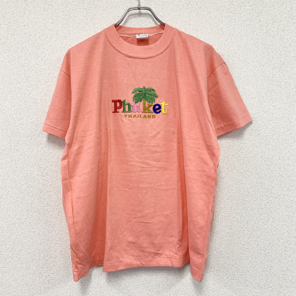 ～90s　Phuket　プーケット　半袖スーベニアTシャツ　シングルステッチ　刺繍ロゴ　ヴィンテージ　サーモンピンク　Lサイズ