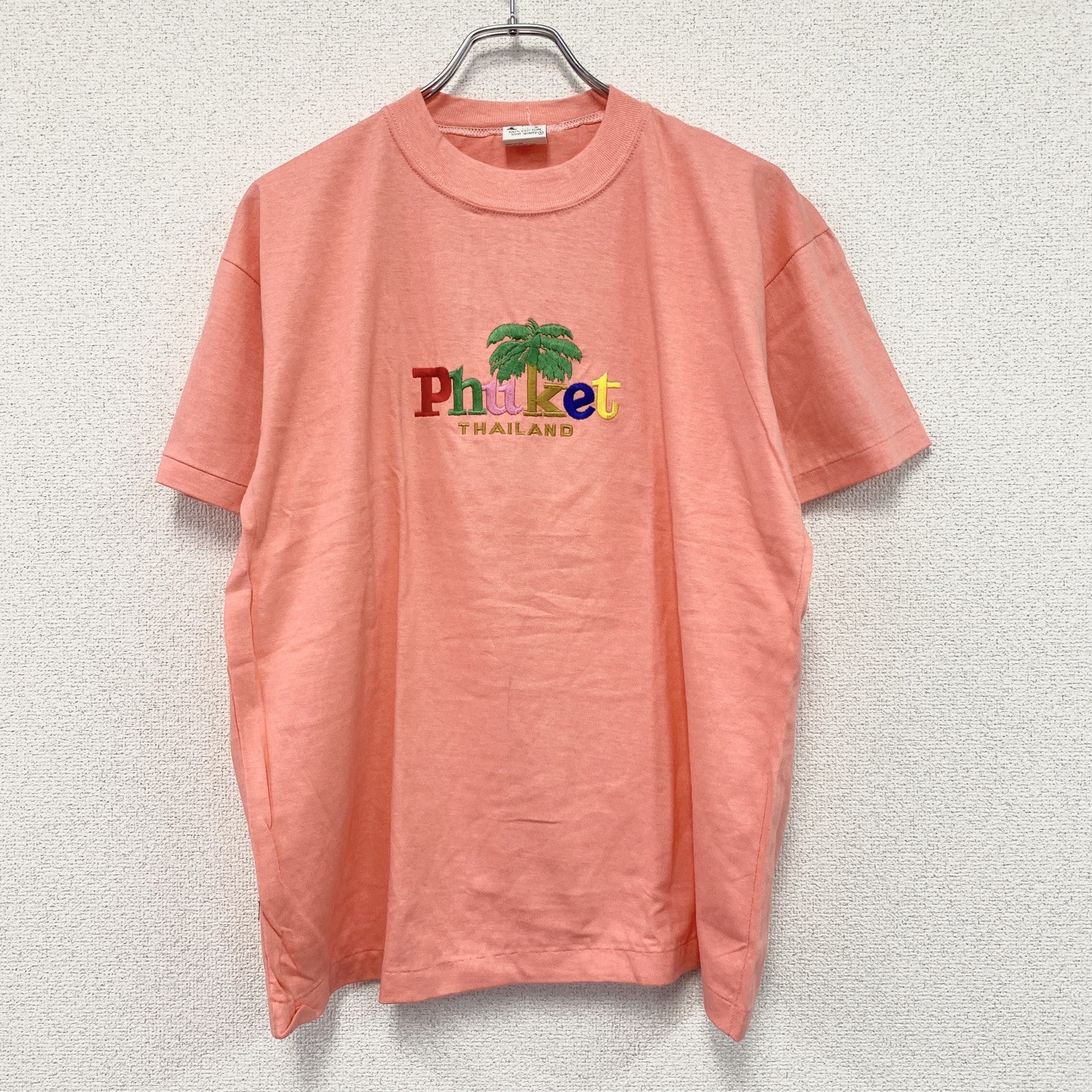 ～90s　Phuket　プーケット　半袖スーベニアTシャツ　シングルステッチ　刺繍ロゴ　ヴィンテージ　サーモンピンク　Lサイズ