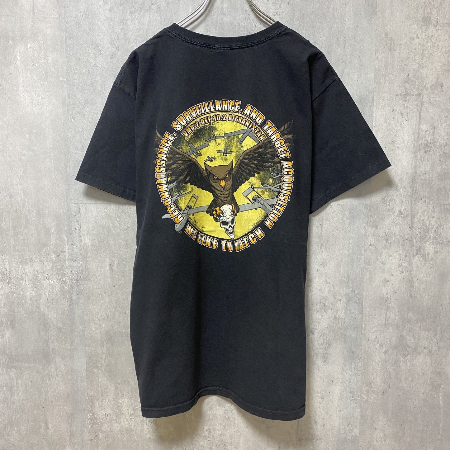古着 used　anvil　アンヴィル　半袖プリントTシャツ　フクロウ　バックプリント　アニマル柄　レトロ　黒　ブラック　Lサイズ