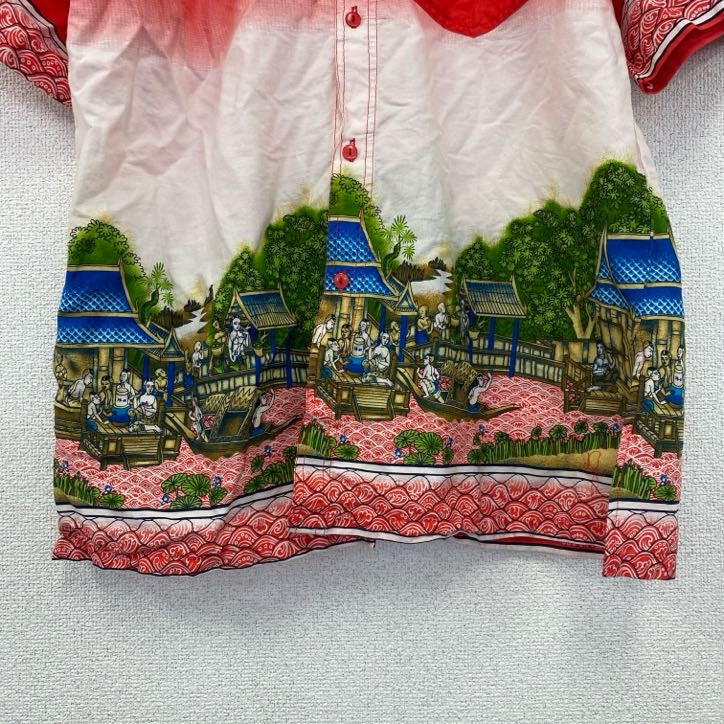 古着 used　半袖プリントシャツ　和柄　ユニーク　個性的　アジア　胸ポケット付き　赤　白　レッド　ホワイト　XLサイズ