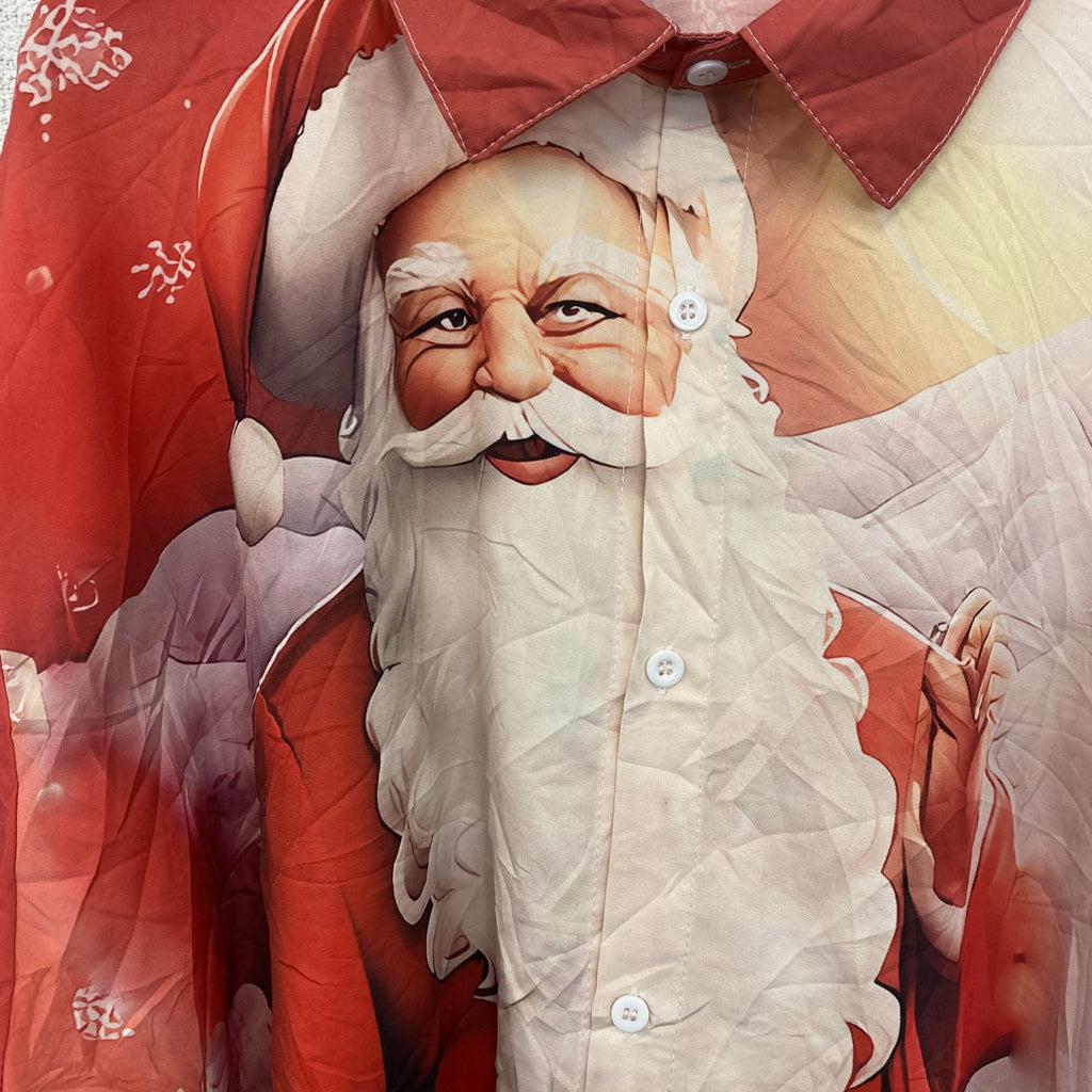 古着 used　長袖プリントシャツ　サンタクロース　クリスマス　リアル　おもしろ　AI生成　赤　レッド　5XLサイズ