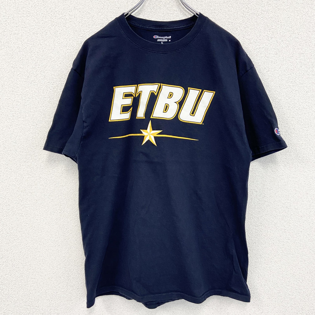 古着 used　champion　チャンピオン　半袖カレッジプリントTシャツ　ETBU　紺　ネイビー　Lサイズ