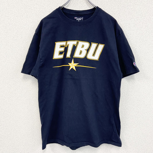 古着 used　champion　チャンピオン　半袖カレッジプリントTシャツ　ETBU　紺　ネイビー　Lサイズ