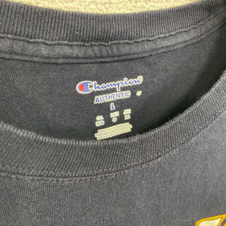 古着 used　champion　チャンピオン　半袖カレッジプリントTシャツ　ETBU　紺　ネイビー　Lサイズ