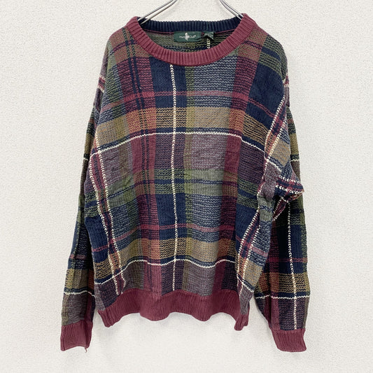 ～90s　Hunt Club　コットンニットセーター　ヴィンテージ　総柄　マルチカラー　チェック柄　XLサイズ