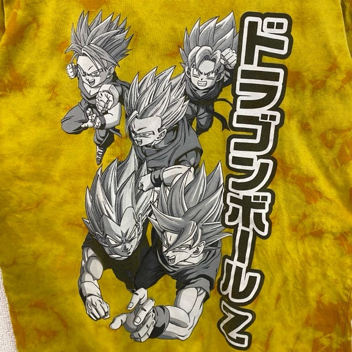 古着 used　ドラゴンボールZ　孫悟空　スーパーサイヤ人　半袖アニメプリントタイダイ柄Tシャツ　キャラデザイン　黄色　Mサイズ