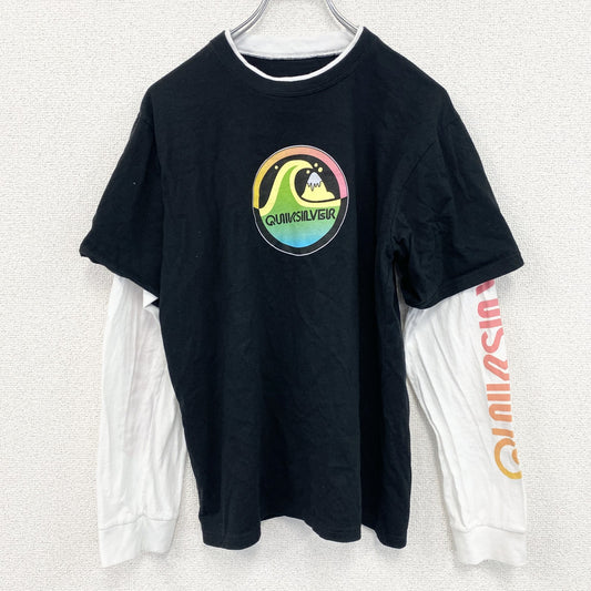 Quiksilver　クイックシルバー　長袖プリントレイヤードTシャツ　デカロゴ　クルーネック　黒　ブラック　XLサイズ