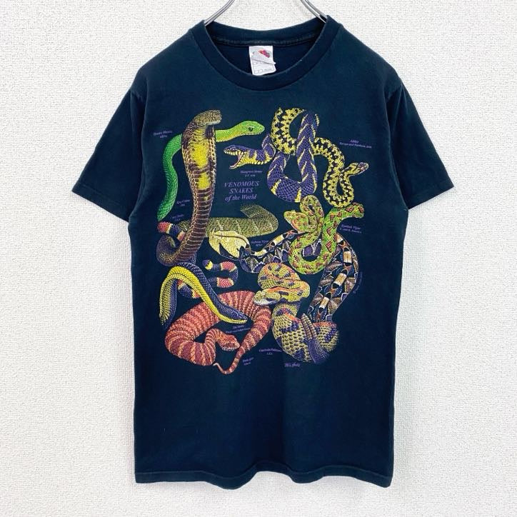 古着 used　FRUIT OF THE ROOM　半袖アニマルプリントTシャツ　蛇　スネーク　クルーネック　ネイビー　Sサイズ