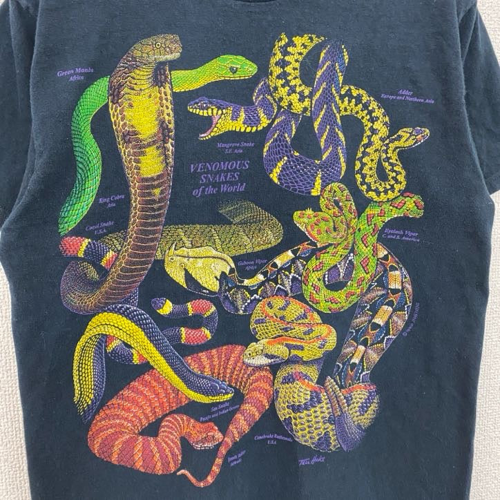 古着 used　FRUIT OF THE ROOM　半袖アニマルプリントTシャツ　蛇　スネーク　クルーネック　ネイビー　Sサイズ