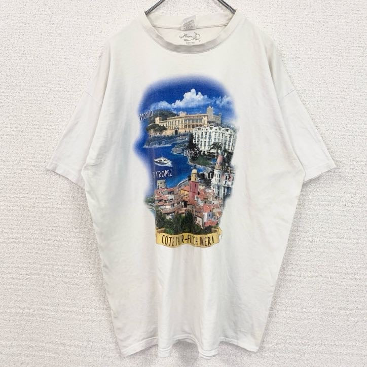 古着 used　B&C　半袖ビッグプリントTシャツ　モナコ　街並み　クルーネック　白　ホワイト　ビッグシルエット　2XLサイズ
