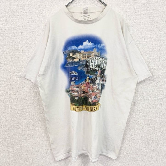 古着 used　B&C　半袖ビッグプリントTシャツ　モナコ　街並み　クルーネック　白　ホワイト　ビッグシルエット　2XLサイズ