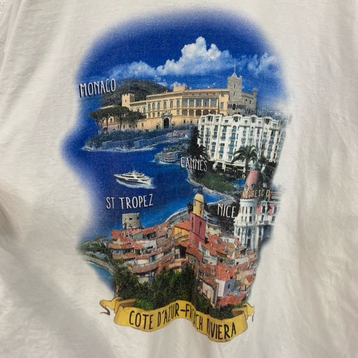 古着 used　B&C　半袖ビッグプリントTシャツ　モナコ　街並み　クルーネック　白　ホワイト　ビッグシルエット　2XLサイズ