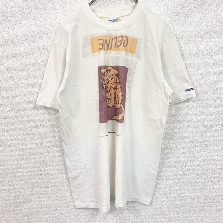 古着 used　DECATHLON　半袖アニマルイラストプリントTシャツ　猫　cat　クルーネック　白　ホワイト　Mサイズ