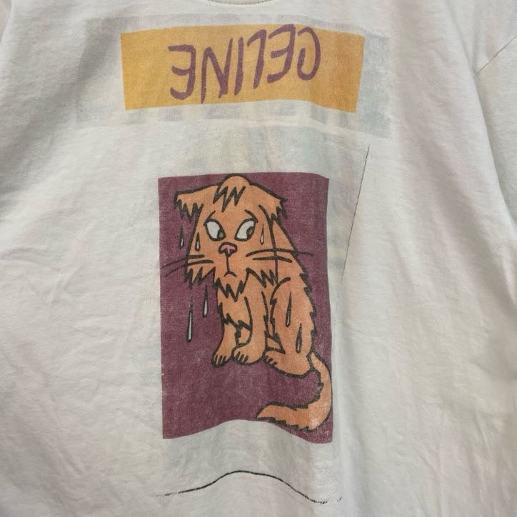 古着 used　DECATHLON　半袖アニマルイラストプリントTシャツ　猫　cat　クルーネック　白　ホワイト　Mサイズ
