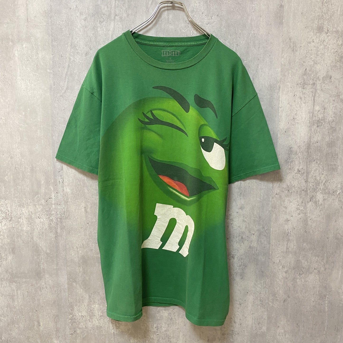 古着 used　M&M　エムアンドエム　半袖プリントTシャツ　でかプリント　キャラクター　お菓子　緑　グリーン　Lサイズ