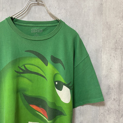 古着 used　M&M　エムアンドエム　半袖プリントTシャツ　でかプリント　キャラクター　お菓子　緑　グリーン　Lサイズ